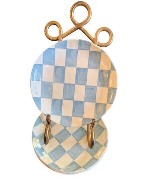 Set of 4 LIGHT BABY BLUE CHECKERED 6 1/2" Melamine Checked dessert plates
